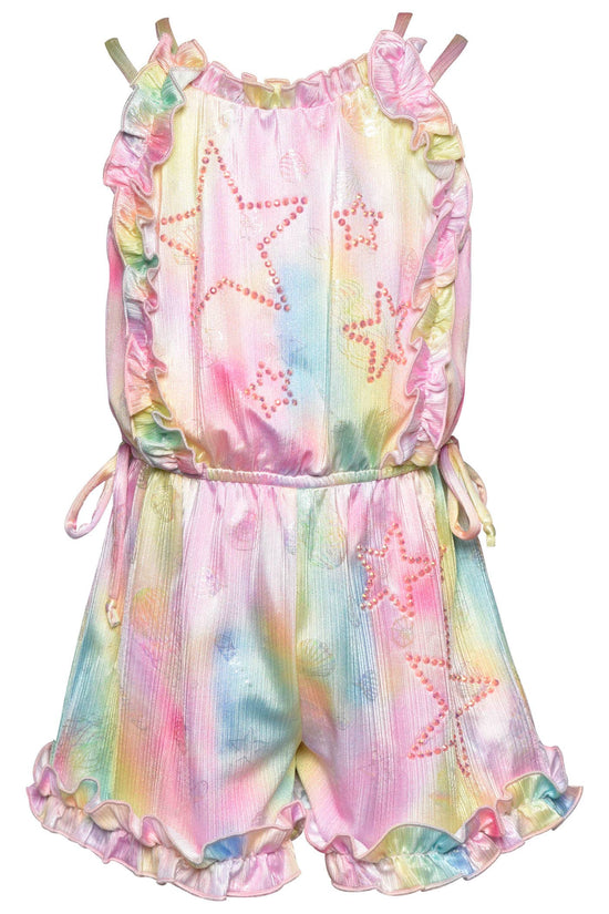 TIE-DYE RUFFLE ROMPER W/ STAR RHINESTONE DETAIL