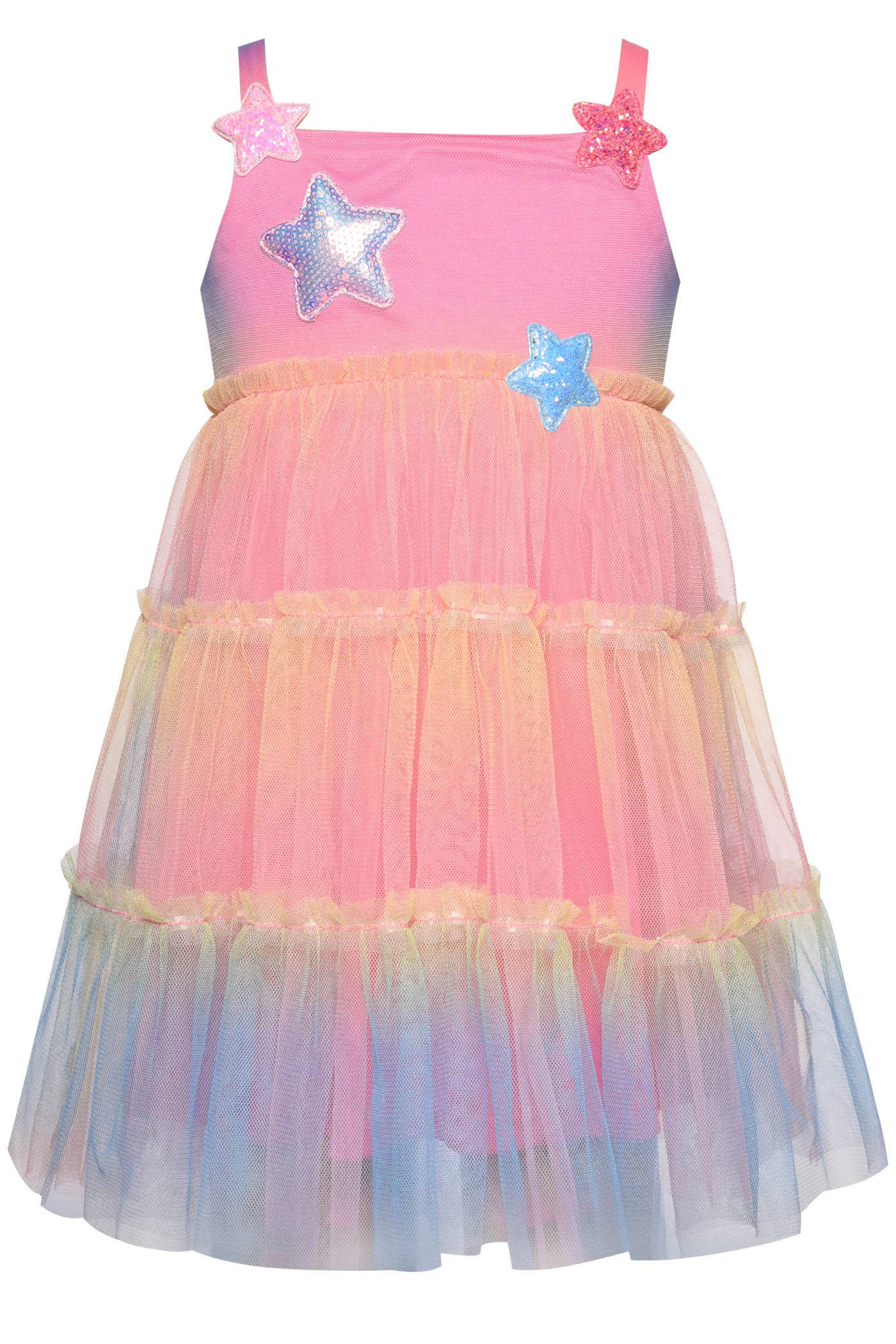 Tie-Dye Rainbow Tiered Mesh Dress with Star Appliqués