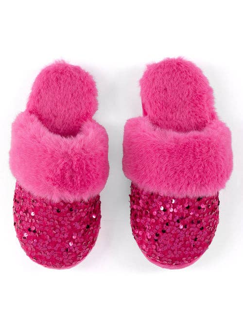 L/XL Magenta Sequin Plush Slippers