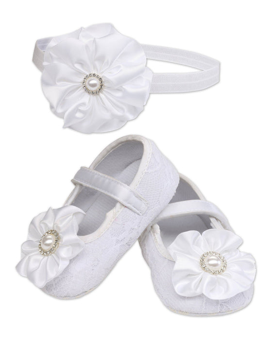 White Baptism Shoe And Headband Set