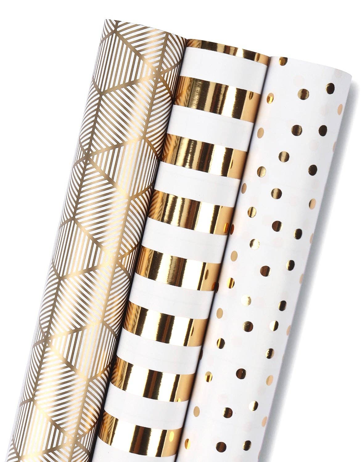 Gold Foil/Gold Polka Dots/Gold Print Mini Wrapping Paper 3 Roll Bundle  - 17" x 120"/Roll (42.3 Sq Ft Total)