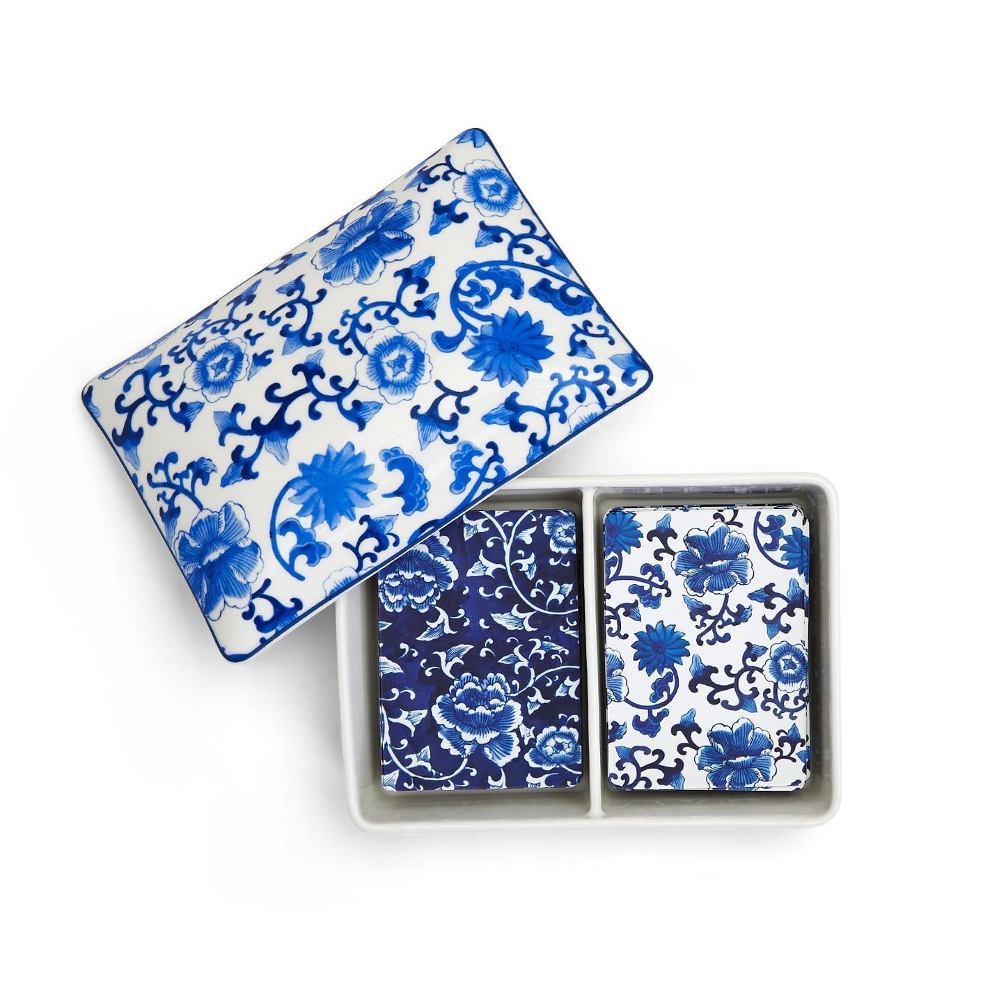 Chinoiserie Double Deck Playing Cards in Ceramic Holder