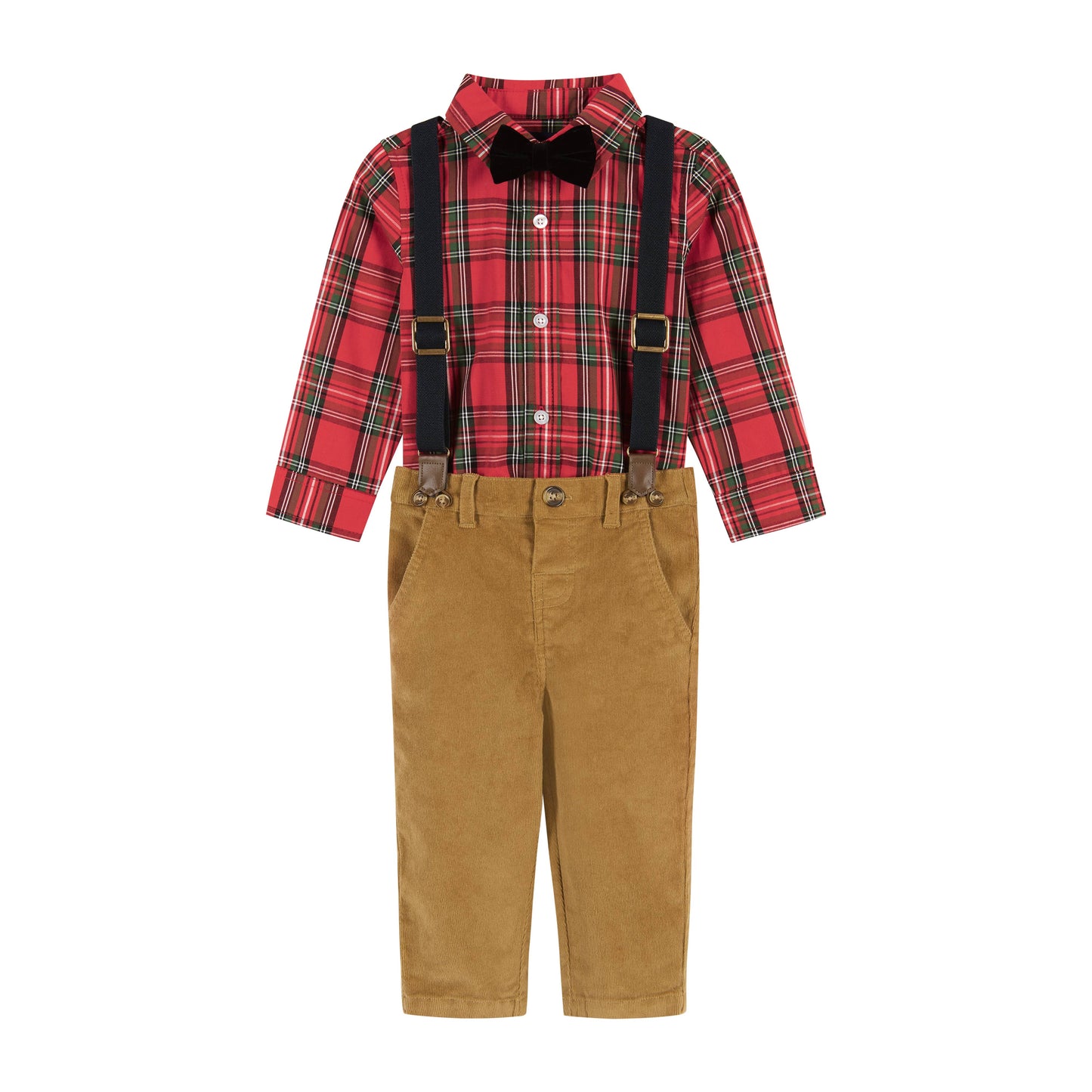 Flannel Buttowndown W/Suspenders Set - Red Plaid