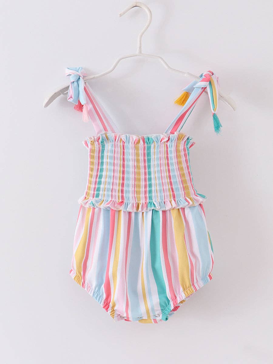 Multicolored Stripe Tassel Smocked Baby Romper