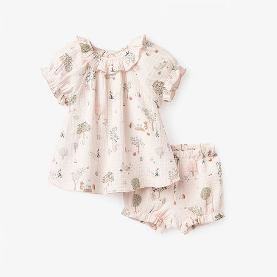 Garden Picnic Organic Muslin Ruffle Collar Top & Bloomer Set