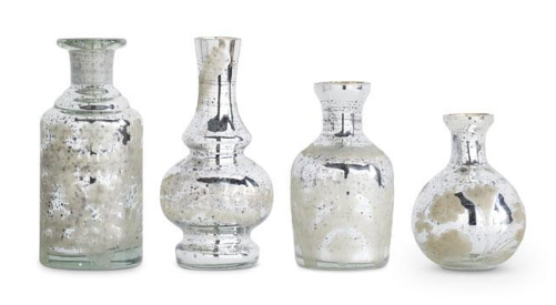 Tall Round Silver Mercury Glass Etched Bud Vase