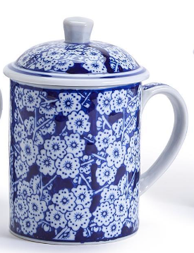 Chinoiserie Mug with Lid (14 oz., microwave and dishwasher safe) - Hand-Painted Porcelain