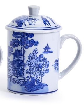 Chinoiserie Mug with Lid (14 oz., microwave and dishwasher safe) - Hand-Painted Porcelain