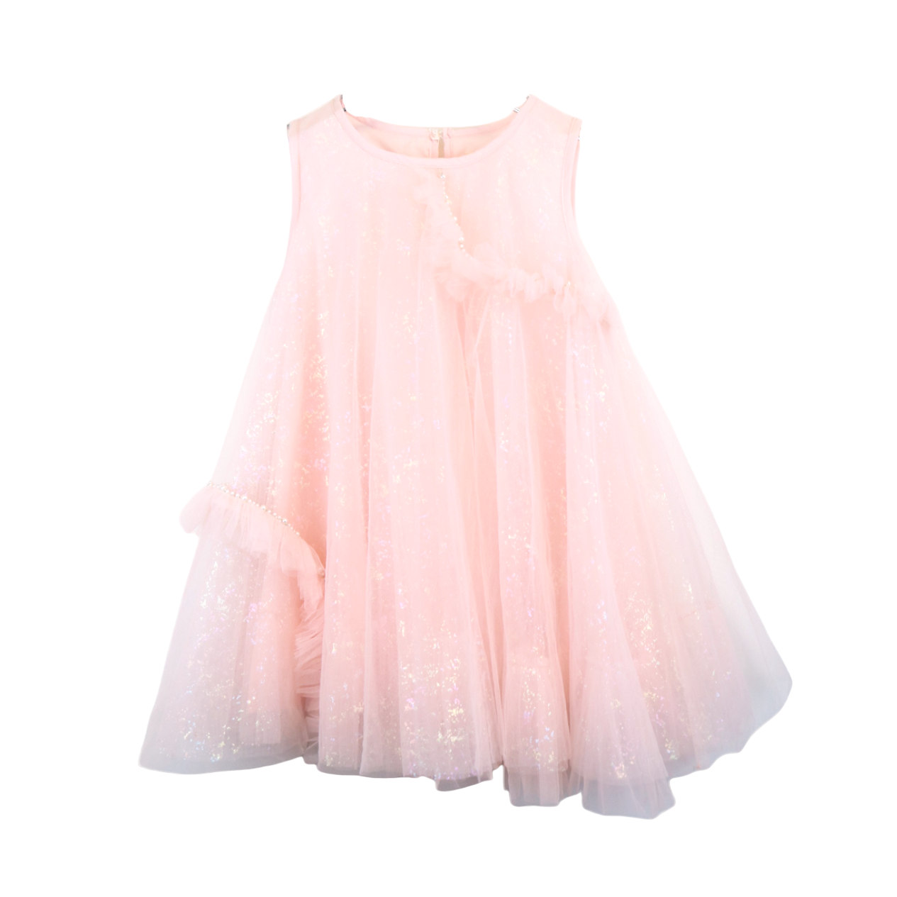 Iridescent Pink Whimsical Tulle Dress with Pearl Accents